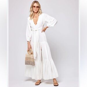 L*Space x Hanna Montazami Hanna Deep V Balloon Sleeve Maxi Dress Cream Size XS